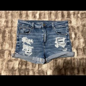 American eagle distressed hi-rise jean shorts; size 14; next level stretch